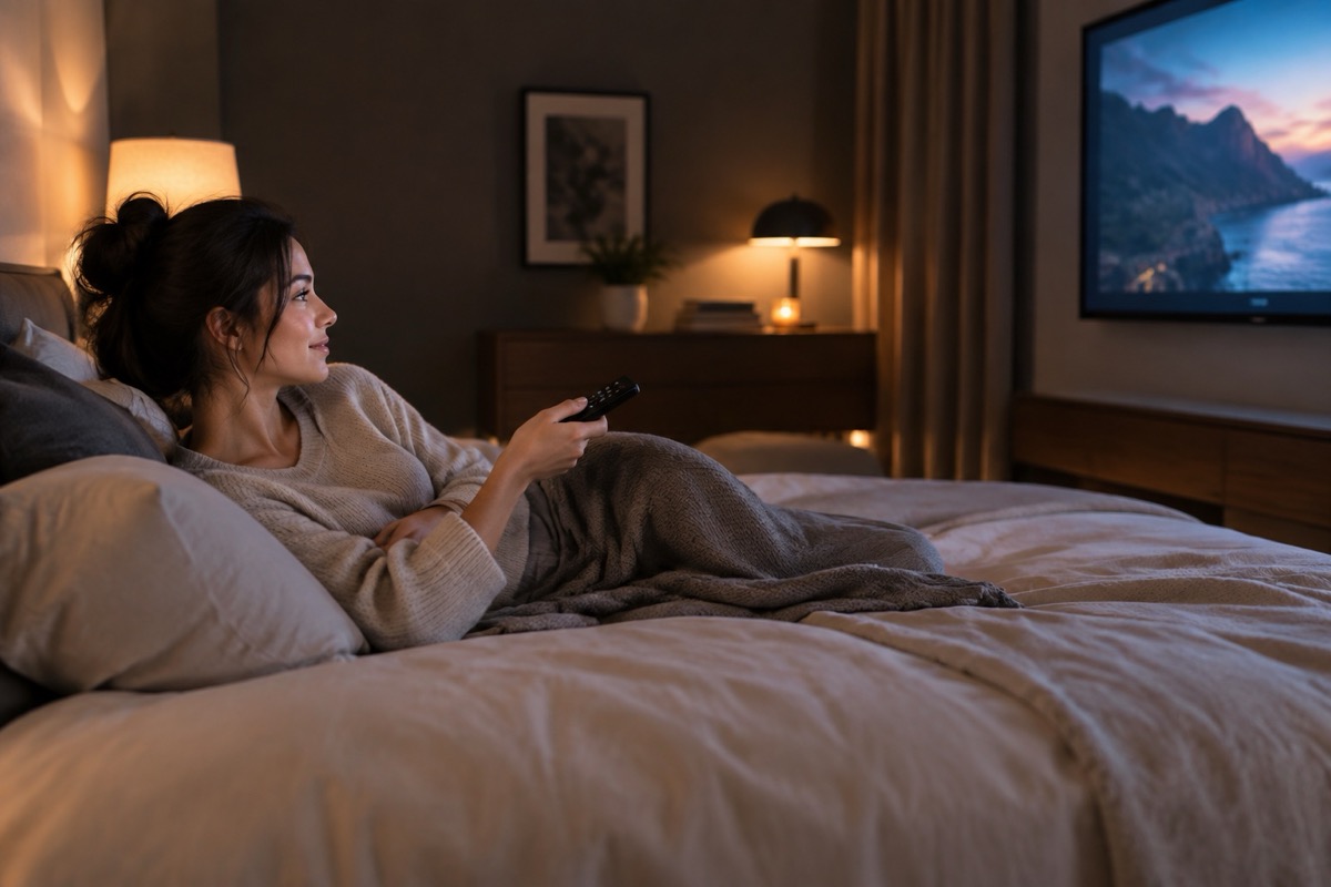 Relaxing in a bedroom with a TV